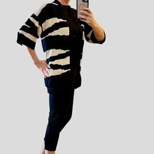 St John Zebra Cardigan Open Longline Cotton Drop  Shoulder Black Ivory L